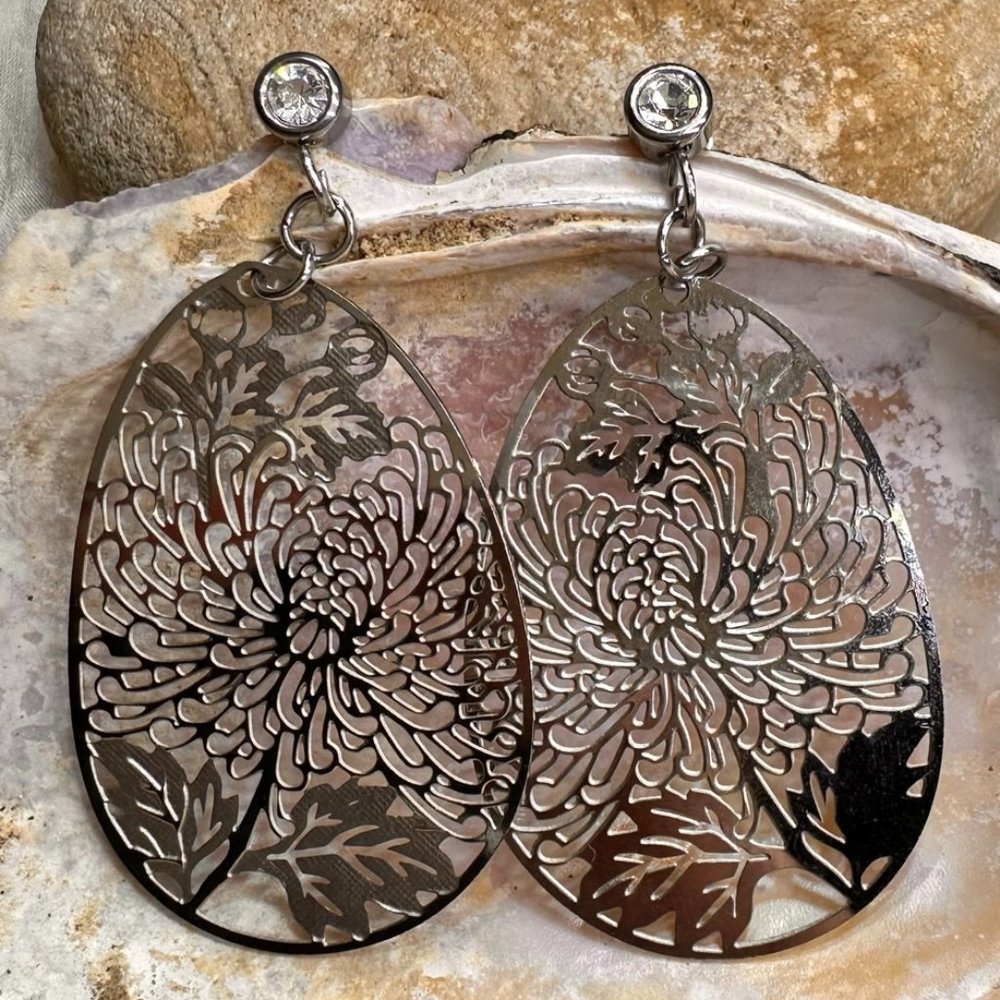 Silver Peony Flower Rhinestone Earrings